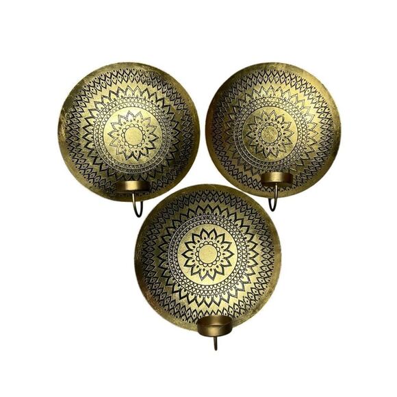 Brass Medallion Sconce Set of 3 Wall Hanging Candle Holders Boho Home Decor - Picture 2 of 5